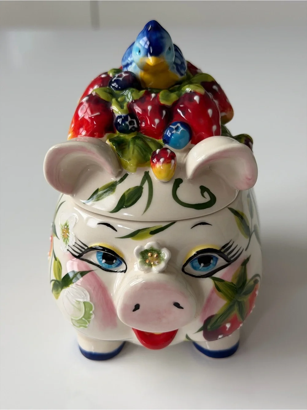 Blue Sky Heather J. McCall 2004 Hand-Painted Strawberry Pig Sugar Bowl Jam Pot